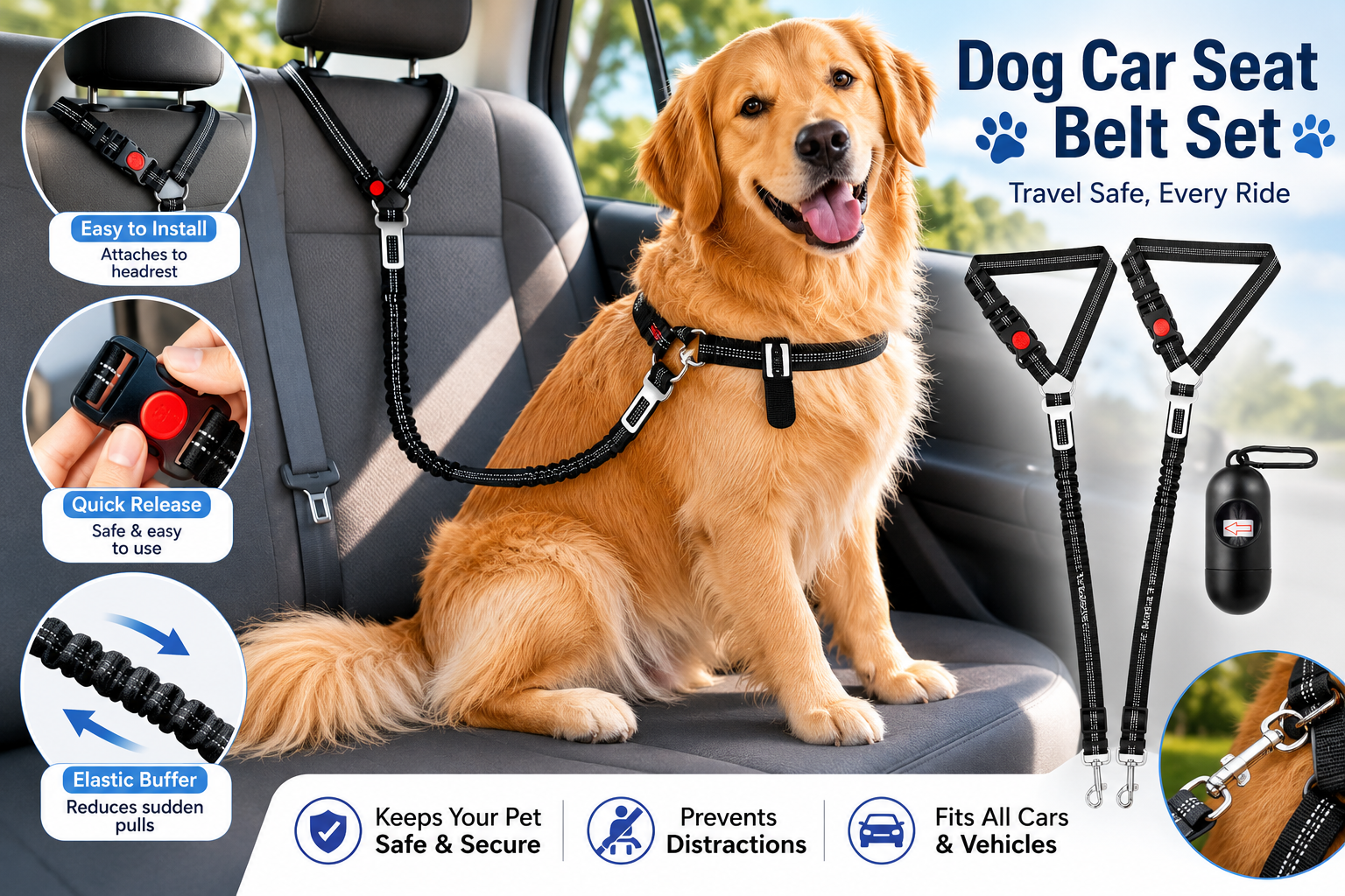 Vastar 3-in-1 Adjustable Dog Car Harness